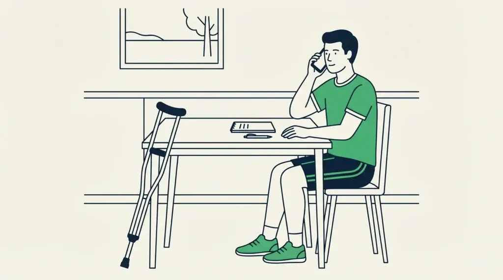 Junger Mann telefoniert am Tisch.