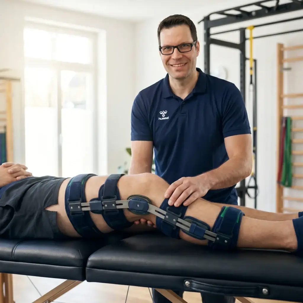Physiotherapeut behandelt verletztes Knie.