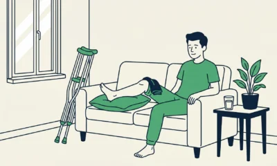 Mann sitzt mit geschwollenem Bein und Kühlpack auf dem Sofa