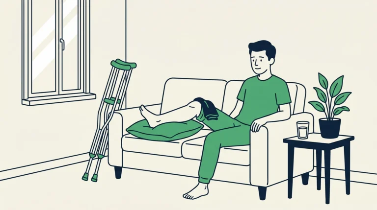 Mann sitzt mit geschwollenem Bein und Kühlpack auf dem Sofa