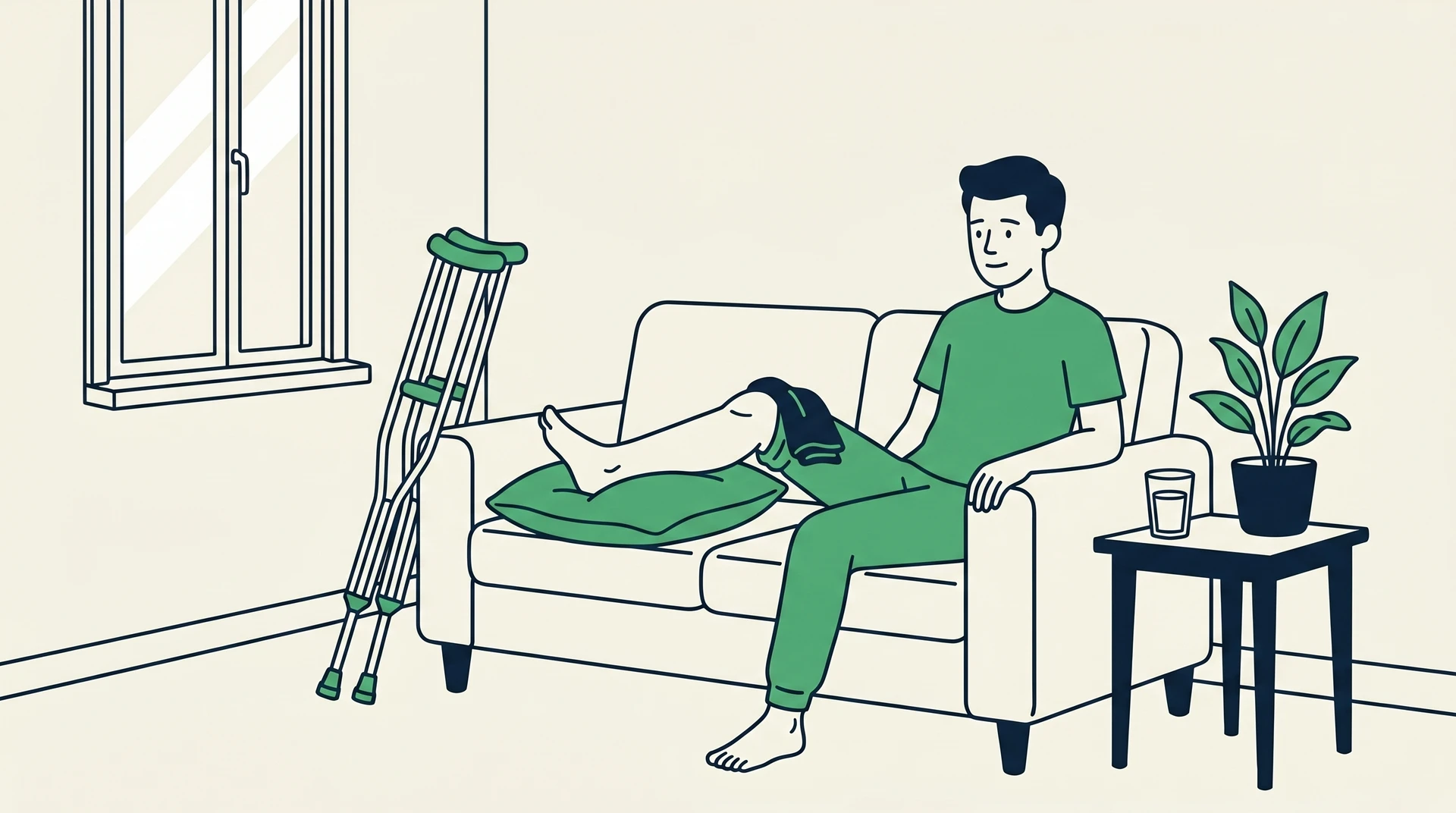Mann sitzt mit geschwollenem Bein und Kühlpack auf dem Sofa