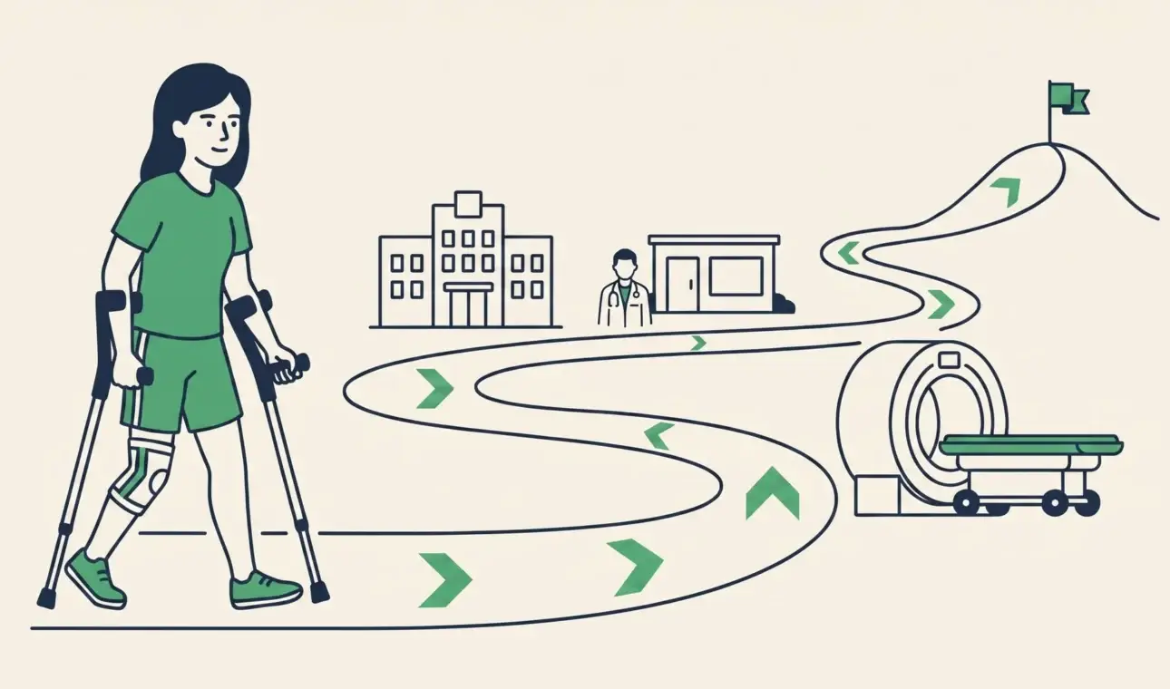 Der Weg vom Kreuzbandriss zur gesicherten Diagnose als Reise über Krankenhaus, Orthopäde und MRT bis zum Ziel