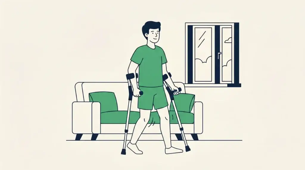 Kreuzbandpatient geht an Stützen im Wohnzimmer