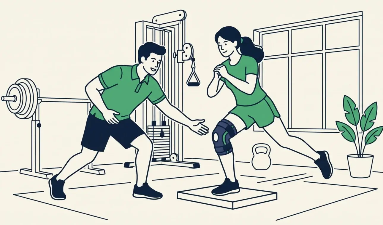 Physiotherapeut und Patientin trainieren mit Kraftmessplatte in einer modernen, hellen Physiotherapie-Praxis