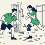 Physiotherapeut und Patientin trainieren mit Kraftmessplatte in einer modernen, hellen Physiotherapie-Praxis