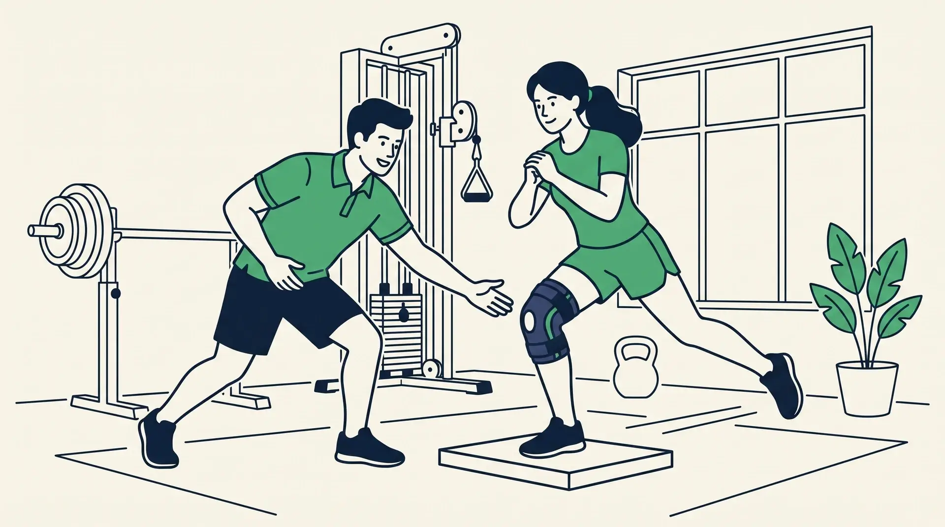 Physiotherapeut und Patientin trainieren mit Kraftmessplatte in einer modernen, hellen Physiotherapie-Praxis