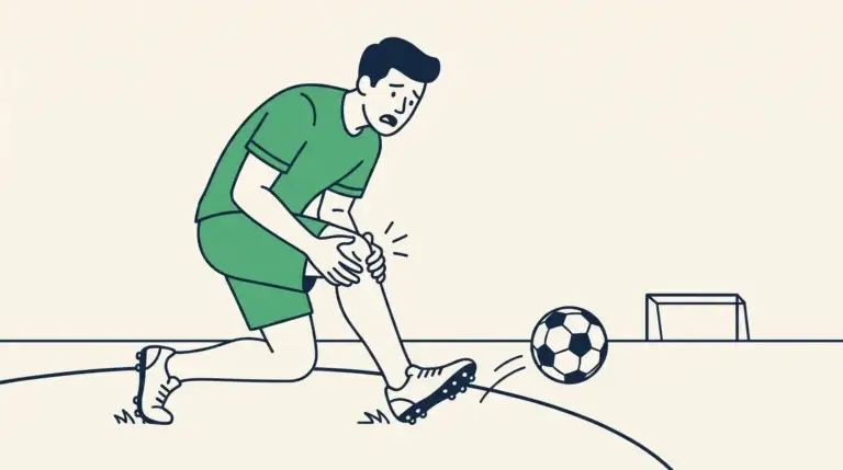 Fußballspieler hält sich nach einer Drehbewegung das Knie, typischer Moment einer Kreuzbandverletzung