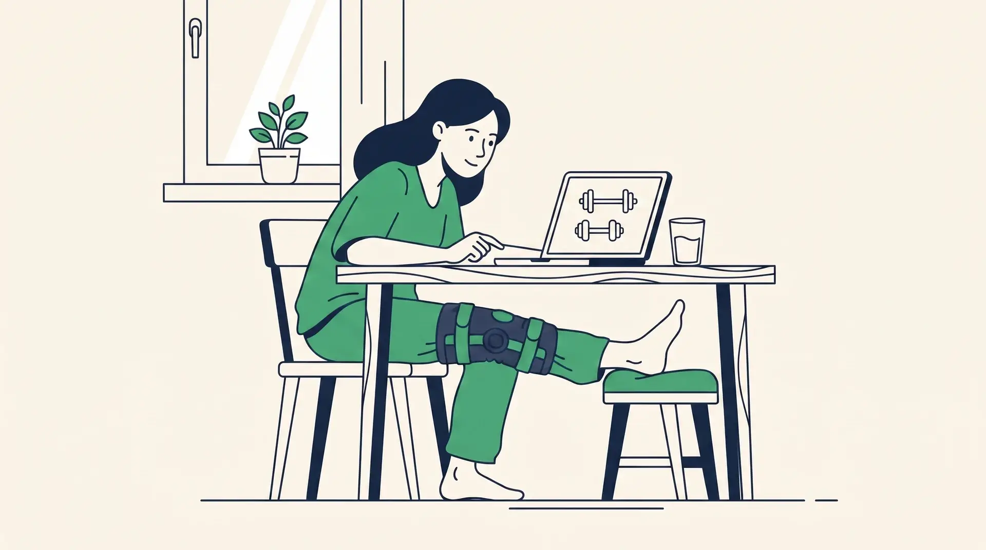 Patientin mit Knieschiene recherchiert am Laptop nach einer spezialisierten Physiotherapie-Praxis