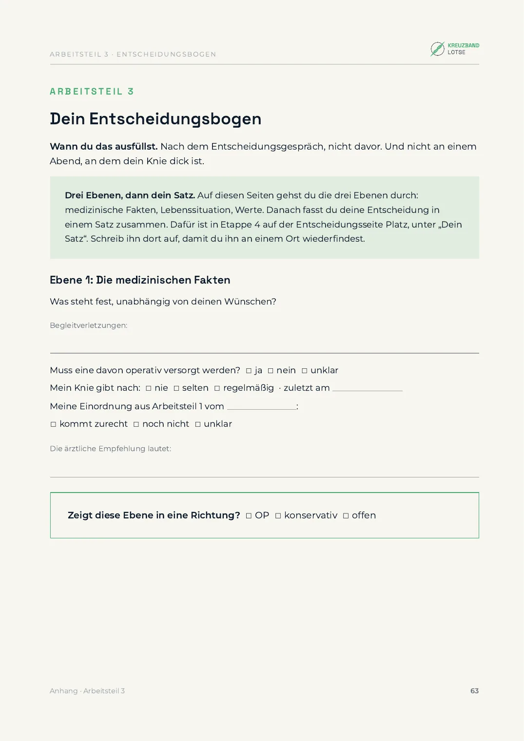 Seite 63 des Arbeitshefts: Dein Entscheidungsbogen